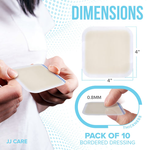 JJ CARE Hydrocolloid Dressing (Pack 10) - 4x4 Hydrocolloid Bandages with Border